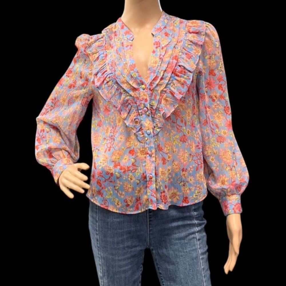 ZARA French Chic Floral Sheer Ruffle Frill Blouse Top Blue GOLD Shimmer Shirt S